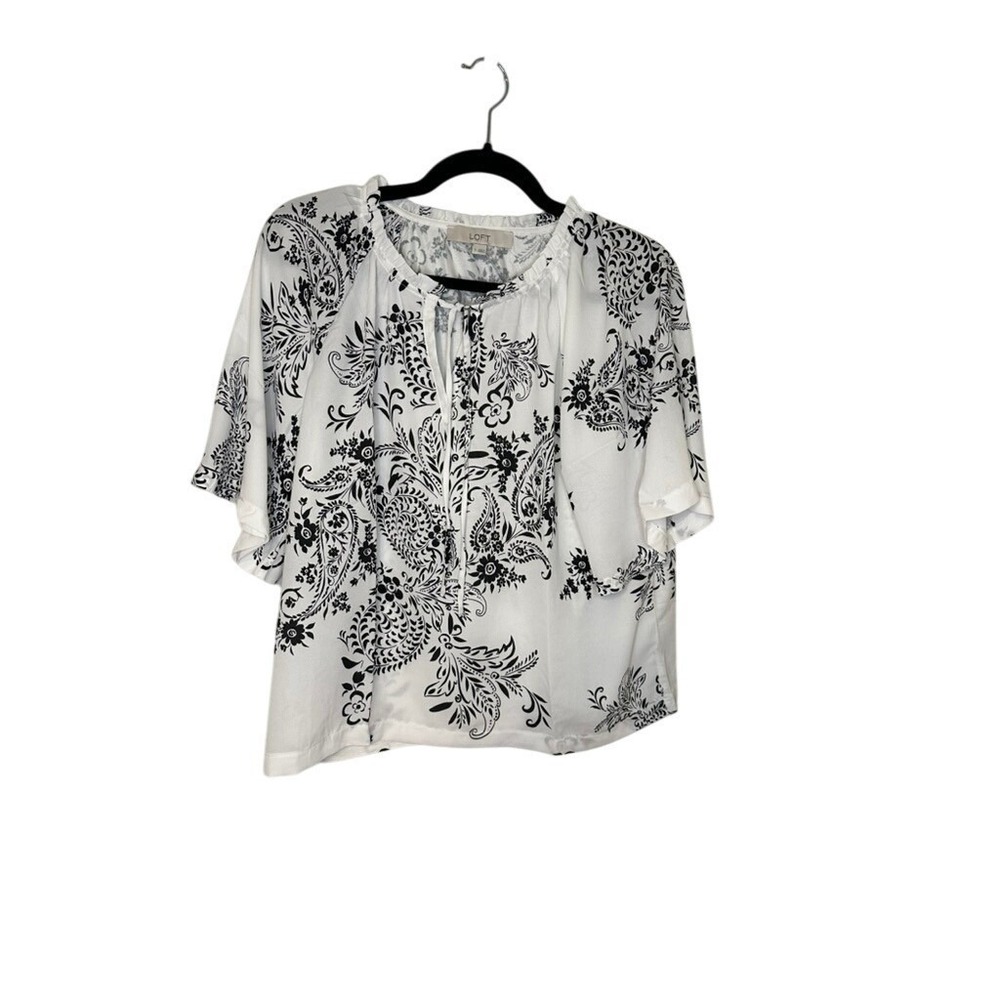 LOFT White Black Floral Paisley Tie Neck Relaxed‎ Fit Blouse Top Small NWT
